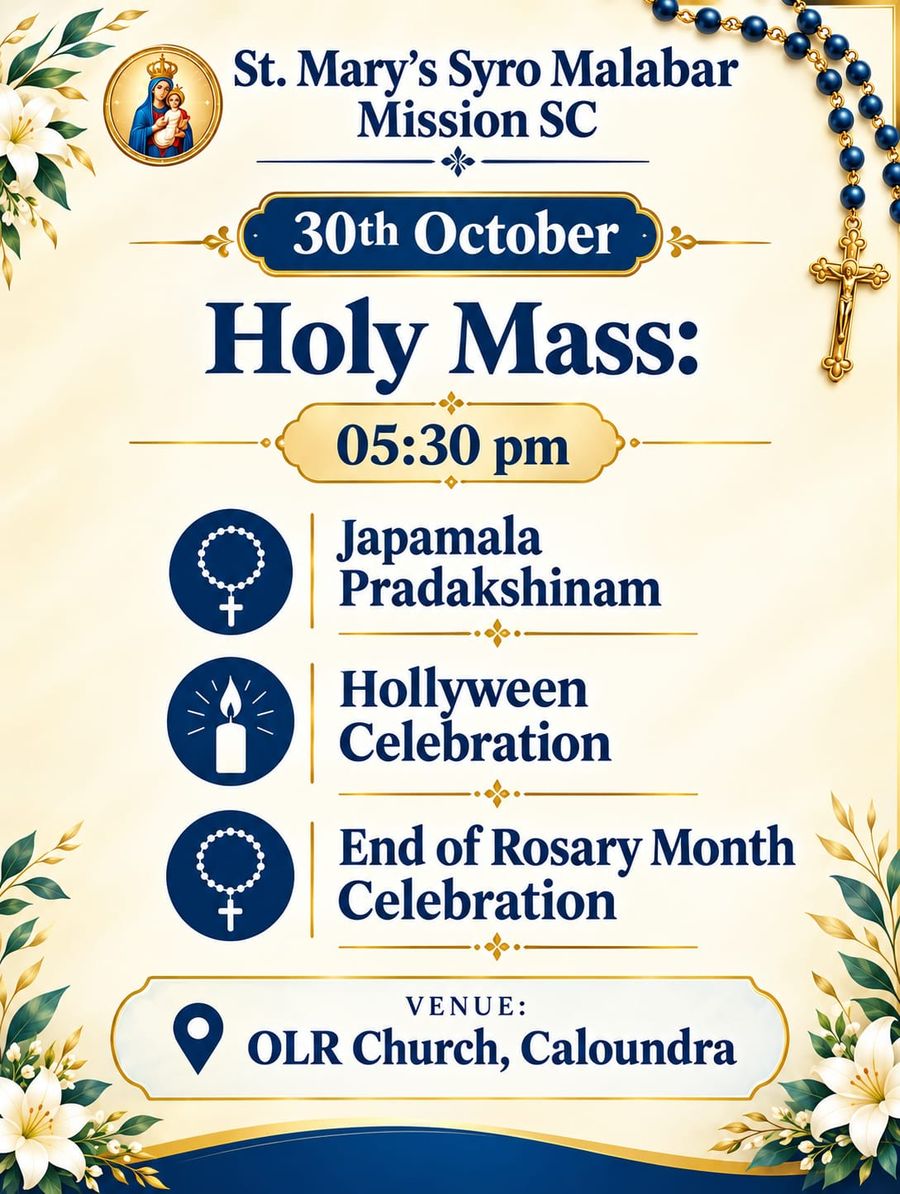 Holy Mass 5:30 pm, Japamala Pradakshinam, Holyween and End of Rosary Month, OLR Church Caloundra